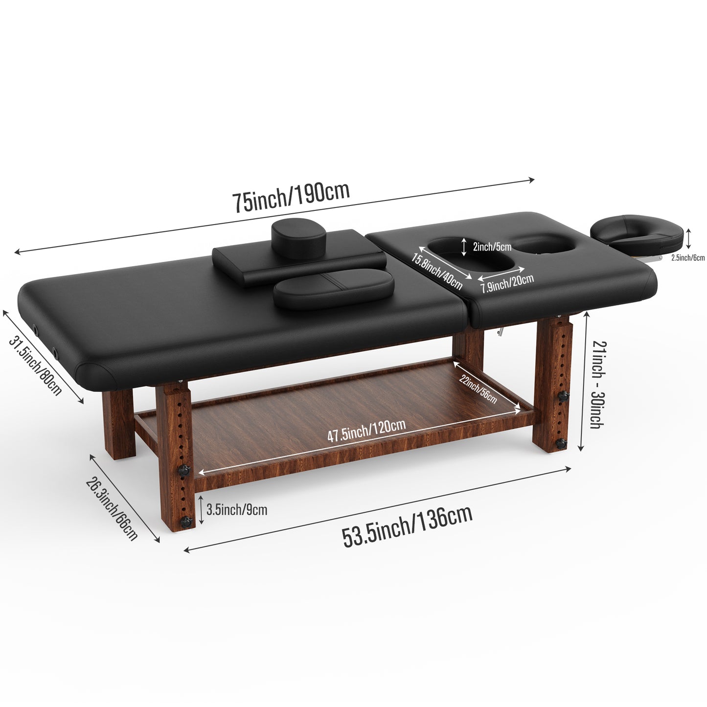 80 Inches Wide -Beauty Salon Beauty Bed Modern Massage Bed - Black High quality birch, 4 adjustable height legs, with C-shaped pillow, chest hole pillow