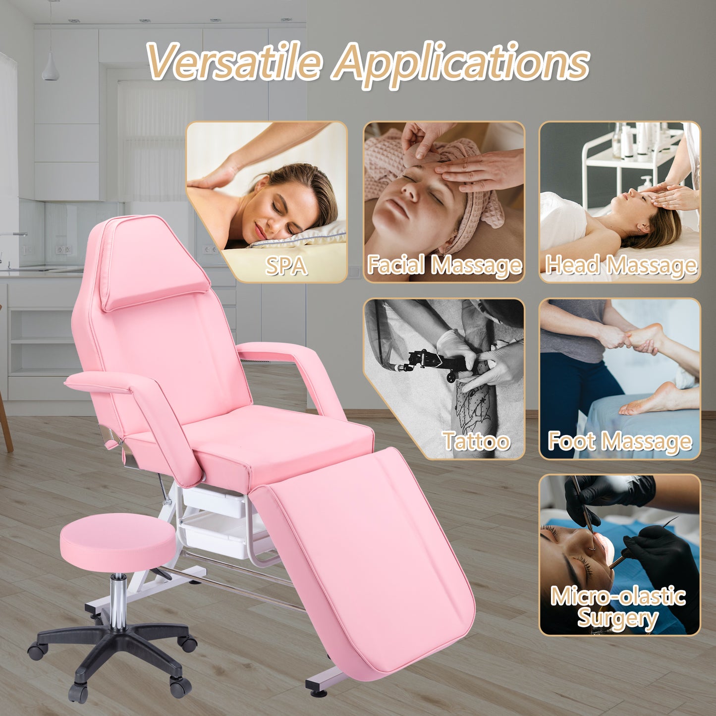 Massage Salon Tattoo Chair with Two Trays Esthetician Bed with Hydraulic Stool,Multi-Purpose 3-Section Facial Bed Table, Adjustable Beauty Barber Spa Beauty Equipment